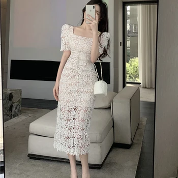 Сексуалното дълго дантелено рокля Женски корейското елегантна винтажное луксозно дизайнерско дебнещ рокля женски лятото ежедневното вечерна рокля