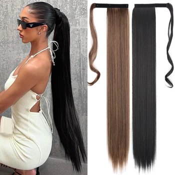 Синтетичен 85 см директен, обертывающийся около щипки за удължаване на косата във формата на конска опашка, натурален черен огнеупорни перука-пони за жени