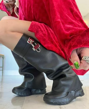 Спортен стил, дамски зимни ботуши до коляното на меху с подплата обувки на платформа, дизайнерски метални ботильоны с ключалка с цип, кожена проста обувки