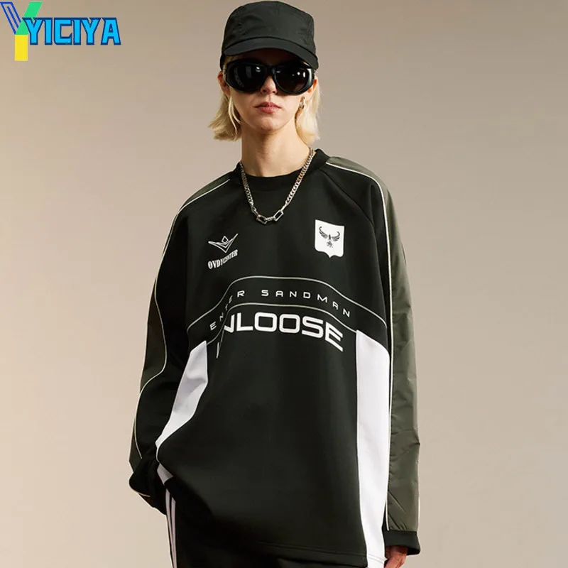 Тениска YICIYA, топ y2k, дамски тениски, със скъсен покрив, черни тениски с дълги ръкави, тениска с надпис American racing, ретро, Дамски дрехи