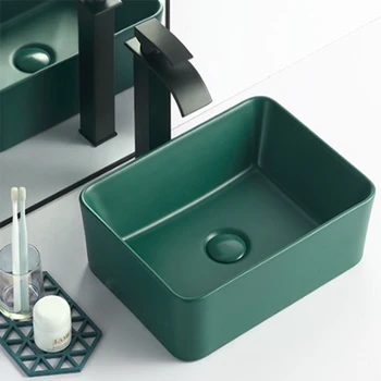 Тъмно зелена маса в скандинавски стил, мат керамична мивка, баня, балкон, творчески мивка, мивка с кран сливным