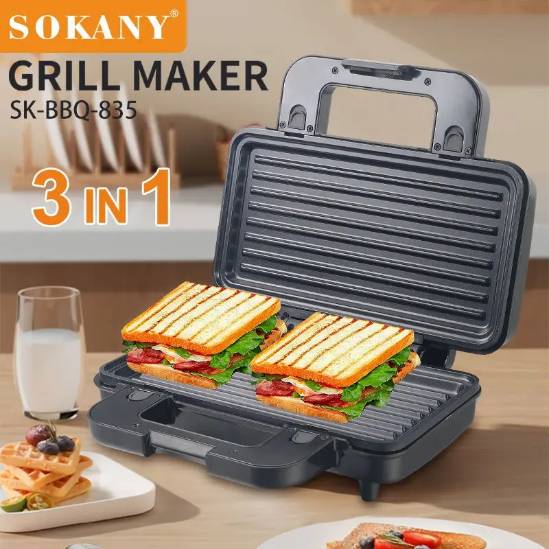 Устройство за приготвяне на сандвичи, вафли, Панини-преса-грил 3 в 1, с подвижни плочи с незалепващо покритие, за бързо и равномерно загряване, за закуска