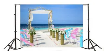 Фон за снимки Плажни столове Свежи цветя Абстрактна дървена арка врати, Синьо небе Природа романтичен