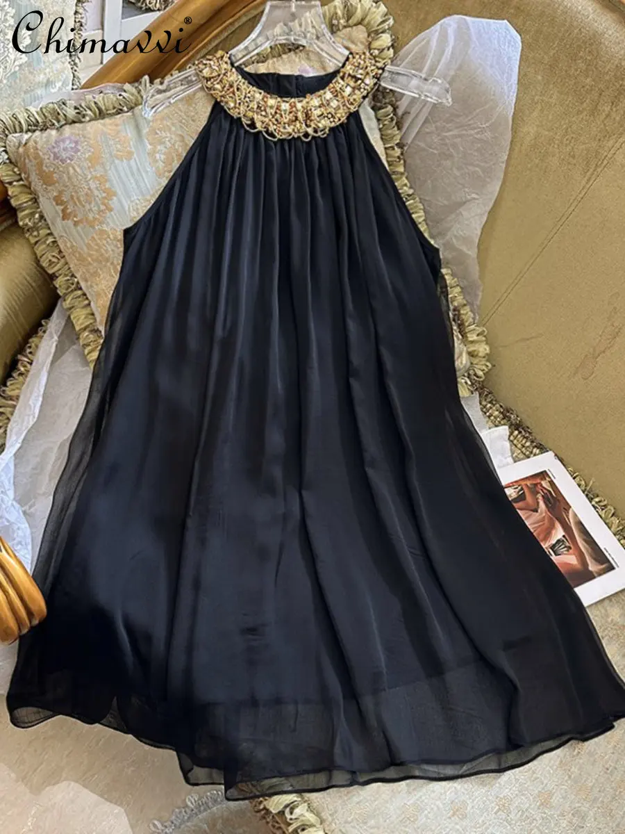 Френското секси черно женствена рокля на бретелях, новост лятото 2023, украшенное диаманти, расшитое ръчно с мъниста, вечерни рокли от приказния шифон без ръкави